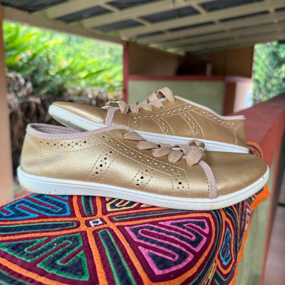 Moleca Metallic Gold Sneakers Womens Size 6‎ Low Top Lace Up Perforated Details